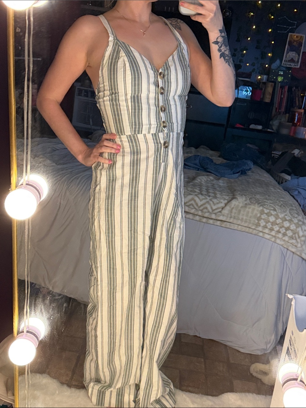 Japna Green and White Striped Button-Front Linen Jumpsuit